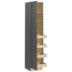 a tall gray cabinet with shelves and drawers