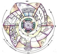 a drawing of a circular building with lots of different things in the center and around it