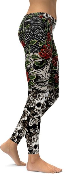 Rock these Skulls &amp; Roses Leggings – a mix of rock 'n roll with a feminine touch. The fabric is sturdy, lightweight, breathable, and stretches to fit your body, hugging it in all the right places. Embrace your fierce and edgy attitude in this stylish piece that is perfect for Halloween or everyday wear. Tattoos For Women On Thigh, Gothic Leggings, High Waist Sports Leggings, Skull Leggings, Leggings Gym, Rose Leggings, Buy Leggings, Crop Top And Leggings, Color Block Leggings