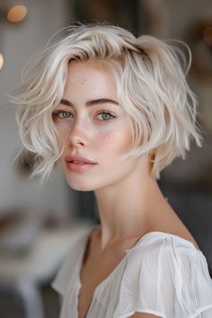 Chin Haircut, Short Hairstyle Women White Hair, Short Wavy Hairstyles For Women With Bangs, White Hair Short, Short Blonde Hair Character, Mixie Pixie Haircut Blonde, Very Short Blonde Hair, Platinum Blonde Hair Character, Bleach Blonde Pixie