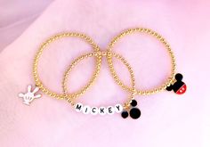 mickey mouse custom beaded bracelets 14k fill Mickey Beaded Bracelet, Jewelry Lookbook, Disney Vacations, Beaded Jewelry, Craft Projects, Etsy Accessories, San Francisco, Accessory Gift, Jewelry Bracelets