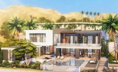 this is an artist's rendering of a modern house in the hills above palm trees