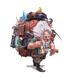 an old man with a big backpack on his back holding a knife and some other items