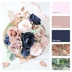 the color scheme is blue, pink, and white with roses on it in different shades