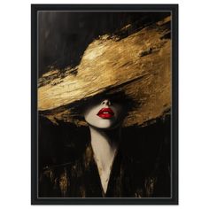 a painting with a woman's face wearing a large hat and red lipstick on it