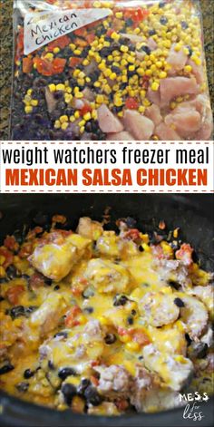 mexican salsa chicken in a slow cooker with the text weight watchers freeze meal mexican salsa chicken