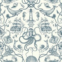 an octopus and other marine creatures are depicted in this blue and white wallpaper pattern