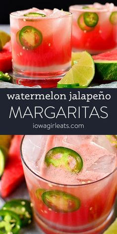 watermelon jalapeno margaritas with lime slices on the rim