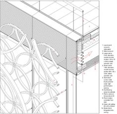 an architectural drawing with lines and curves on the side of a building's wall