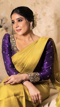 Blouse For Yellow Silk Saree, Yellow Purple Saree, Dark Purple Saree Blouse Combination, Yellow Work Blouse, Silk Saree Colour Combinations, Purple Colour Blouse Designs, Purple Combination Outfits, Purple Bridal Saree, Yellow Banarasi Saree