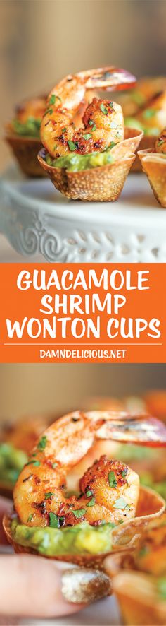 the cover of guacamole shrimp wonton cups is shown on a plate