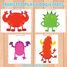 four monster play dough mats with different colors