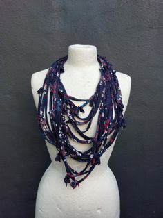 Unique handmade scarf. Shades navy blue with floral print cotton fabric yarns. Marine Costume, Floral Textile, Handmade Scarf, Scarf Necklace, Handmade Scarves, Fabric Yarn, Fairy Costume, Multi Strand Necklace, Strand Necklace