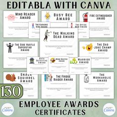 the employee award certificate is shown in this set of eight images with text that reads,