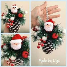 a christmas decoration made from pine cones with santa's head on top and other decorations