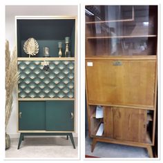 two pictures side by side one has a cabinet and the other has a shelf with decorative items on it