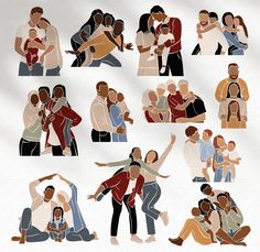 several images of people hugging each other in different poses, with one person holding the child