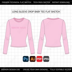 the long sleeve crop top tee shirt design is shown in pink and features an image of a