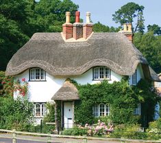 a white house with a thatched roof surrounded by greenery