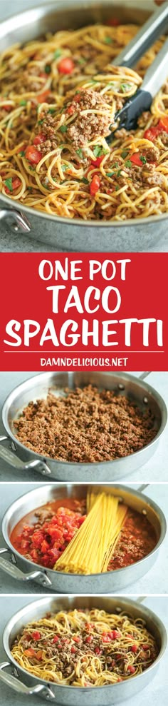 one pot taco spaghetti is shown in three different pans with the words, one pot