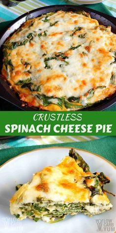 spinach and cheese pie on a plate with the title crustless spinach cheese pie