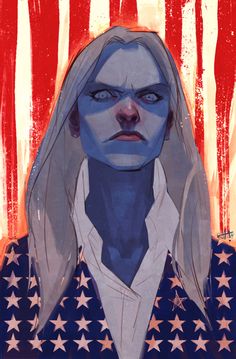 a painting of a woman with blue hair and stars on her face, standing in front of an american flag