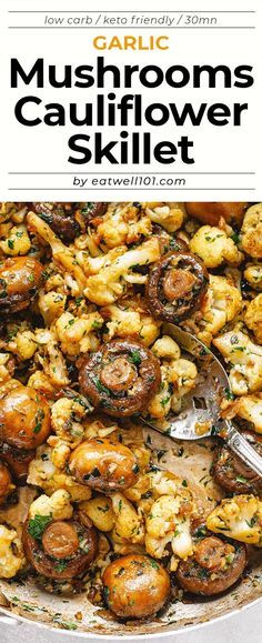 mushrooms and cauliflower skillet in a pan with a spoon on the side