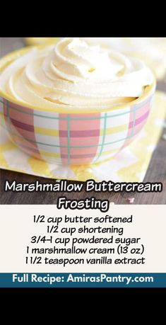 an advertisement for marshmallow buttercream frosting on a yellow and white checkered plate