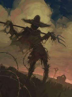 a painting of a scarecrow holding a scythe