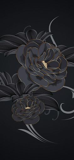 two black flowers with gold accents on a dark background