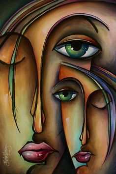 an abstract painting of two women with green eyes and one woman's face painted in acrylic