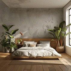 a bed with white linens and pillows in a room next to two large potted plants