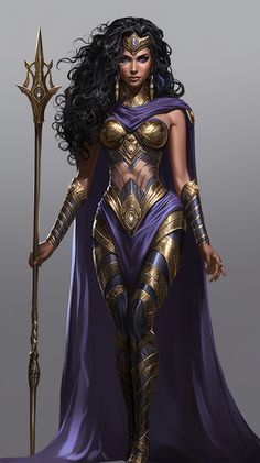 an image of a woman in costume holding a spear and wearing a purple cape with gold accents