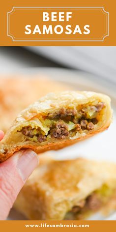 a hand holding a piece of food with the words beef samosas on it