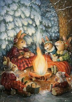 three bunnies sitting around a campfire in the snow, with one bunny on it's lap