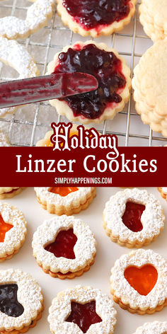 The top image is a wire cooling rack with Linzer cookies on it. Two of the cookies are topped with blackberry jam. One of them has a butter knife spreading the blackberry jam on the cookies. Two other cookie tops are sprinkled heavily with powdered sugar. The bottom image shows completed Linzer cookies with different shapes and jam fillings. The middle red banner says Holiday Linzer Cookies SimplyHappenings.com in white text. Christmas Chocolate Chip Cookies, Linzer Cookies Recipe, Chocolate Marshmallow Cookies, Jam Thumbprint Cookies, Cookie Exchange Recipes, Christmas Jam, Peanut Butter Blossom Cookies, Best Sugar Cookie Recipe