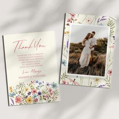 two wedding thank cards with flowers on them