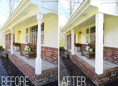 before and after shots of a brick house with white trim on the front porch, covered in yellow paint