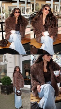 #brown #fall #winter #outfit #winterstyle Snow Night Out Outfit, Mink Coat Outfit Street Style, Brown Hair Outfits Winter, Brown Fluffy Coat Outfit, Maroon Fur Coat Outfit, Casual But Dressy Outfits Winter, All Brown Winter Outfit, Winter Fits Aesthetic Cozy, Brown Fur Coat Aesthetic