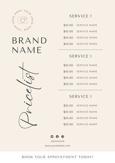 a white and black business card with the words brand name written in cursive writing