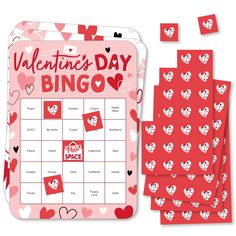 valentine's day bingo game with hearts on it and red stickers next to it