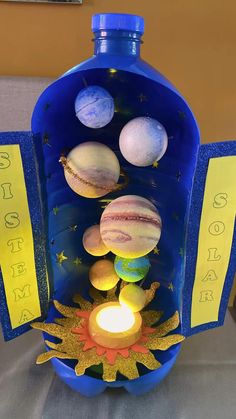 solar system in a blue container with candles and stars on the bottom, surrounded by other planets