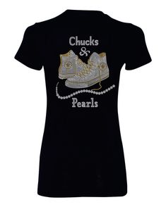 Chucks & Pearls T-Shirt is handmade and made to order. We use the highest quality of rhinestones and crystals. Our main t-shirts are FITTED tees made with 100% cotton unless otherwise requested. Fitted tees are a JUNIOR fit. Size recommendations  S(0-4)/M(6-8)/L(8-10)/XL(10-12)/2XL(14-16)/3XL(18-20) Relaxed regular unisex t-shirts are primarily Canvas/Next Level brand. They have a loose fit and fit true to size. It is not designed to be form fitted.  Being that each shirt is made to order.ALL SALES ARE FINAL(No refunds or exchanges unless there is a mistake on the sellers part). We will do our best to meet your expectations. Add'l Policies and FAQs        Being this is a handcrafted item please handle with care. This can be done so by cold washing inside out with delicates and allow the ga Black Rhinestone T-shirt For Streetwear, Graphic Tee With Rhinestones And Crew Neck, Fitted Rhinestone Crew Neck T-shirt, Embellished Graphic Tee With Short Sleeves, Fitted Crew Neck T-shirt With Rhinestones, Graphic Tee T-shirt With Rhinestones, Short Sleeve, Silver Pearls, Workout Tee, Womens Clothing Tops