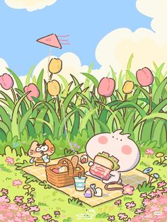 a cartoon character sitting on a blanket in the grass with food and flowers behind him