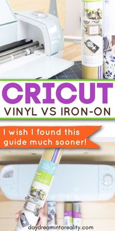 a person holding up a cricut machine with the words vinyl vs iron on it