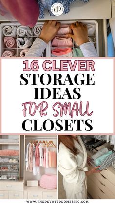 Get ready to say goodbye to all that clutter & chaos in your small closet FOREVER! By using these 16 clever, non-damaging storage ideas for small closets, you'll be able to provide more space for yourself than EVER! Small Closet Lots Of Clothes Storage, Shoes Organization Closet, A Lot Of Clothes Small Closet, Small Closet Maximum Storage, Small Coat Closet Organization Ideas, Small Dresser Organization, Purse Storage Ideas Closet, Apartment Closet Storage, Top Of Closet Storage Ideas