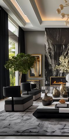 an elegant living room with black and white furniture, art work on the wall and large windows