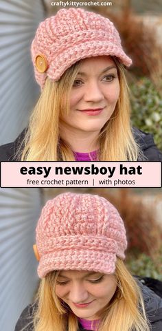 a woman wearing a pink crochet newsboy hat