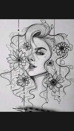 a drawing of a woman's face with flowers in her hair and on the side