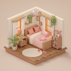 a low poly model of a bedroom with bed, nightstands and potted plants